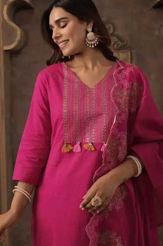Women Ethnic Motifs Embroidered Regular Thread Work Pure Cotton Kurta with Trousers & With Dupatta