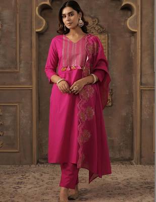 Women Ethnic Motifs Embroidered Regular Thread Work Pure Cotton Kurta with Trousers & With Dupatta 5