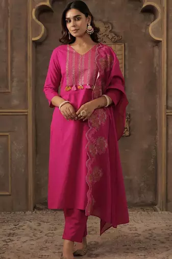 Women Ethnic Motifs Embroidered Regular Thread Work Pure Cotton Kurta with Trousers & With Dupatta
