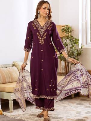 Women Ethnic Motifs Embroidered Regular Thread Work Kurta with Palazzos & With Dupatta 1