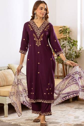 Women Ethnic Motifs Embroidered Regular Thread Work Kurta with Palazzos & With Dupatta