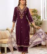 Women Ethnic Motifs Embroidered Regular Thread Work Kurta with Palazzos & With Dupatta