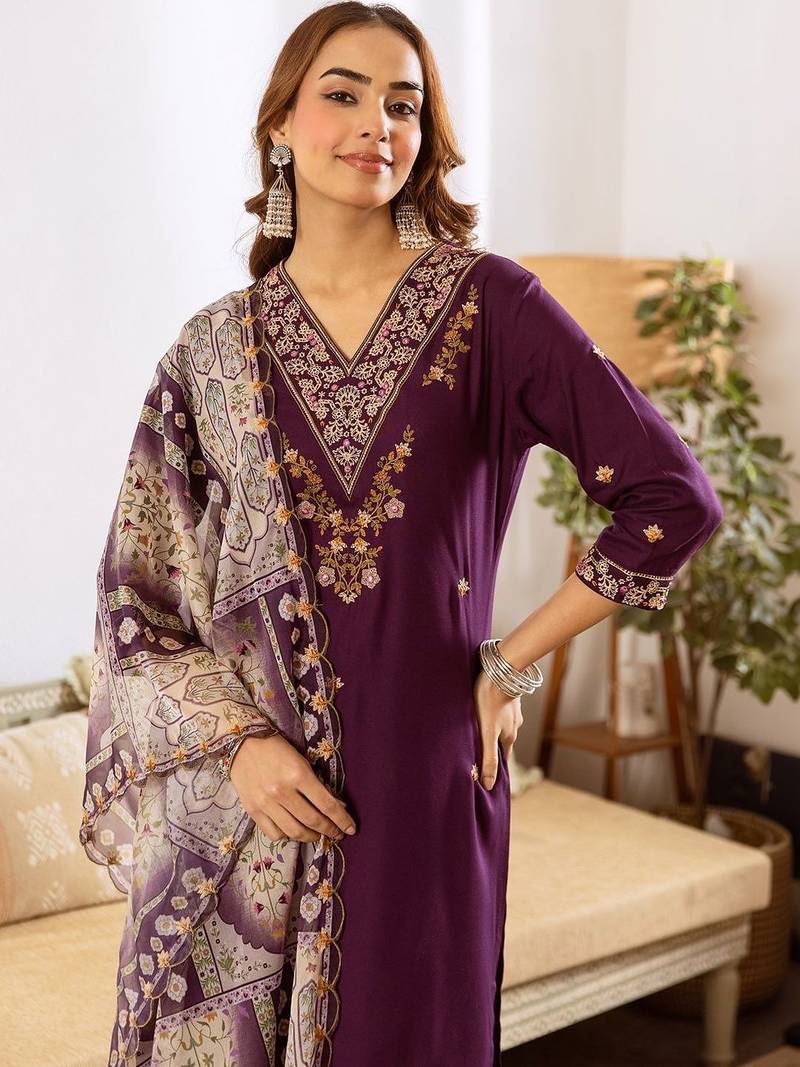 Women Ethnic Motifs Embroidered Regular Thread Work Kurta with Palazzos & With Dupatta