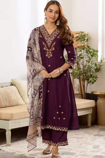 Women Ethnic Motifs Embroidered Regular Thread Work Kurta with Palazzos & With Dupatta