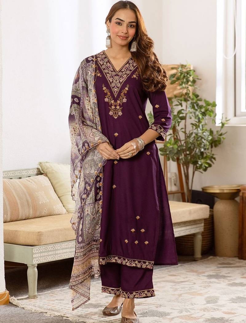 Women Ethnic Motifs Embroidered Regular Thread Work Kurta with Palazzos & With Dupatta