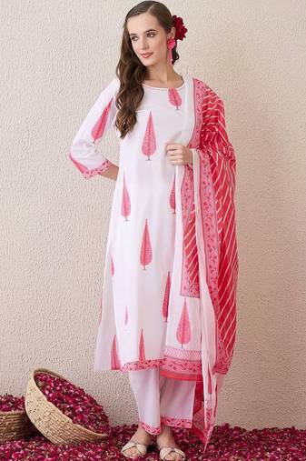 Women Ethnic Motifs Printed Regular Pure Cotton Kurta with Trousers & With Dupatta