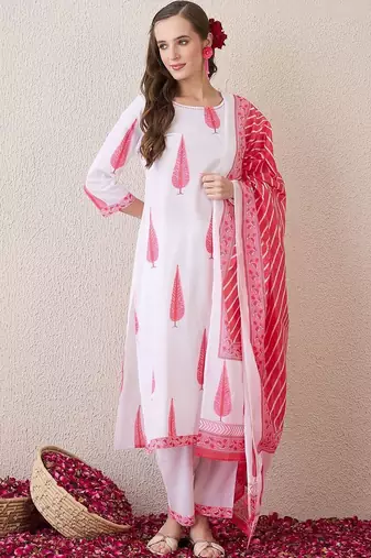 Women Ethnic Motifs Printed Regular Pure Cotton Kurta with Trousers & With Dupatta