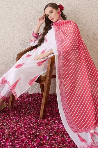 Women Ethnic Motifs Printed Regular Pure Cotton Kurta with Trousers & With Dupatta