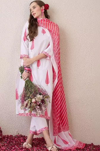 Women Ethnic Motifs Printed Regular Pure Cotton Kurta with Trousers & With Dupatta