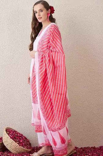 Women Ethnic Motifs Printed Regular Pure Cotton Kurta with Trousers & With Dupatta