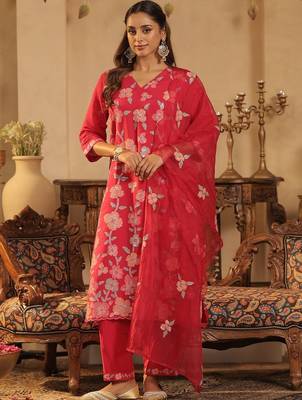 Women Floral Embroidered Regular Sequinned Kurta with Trousers & With Dupatta 1