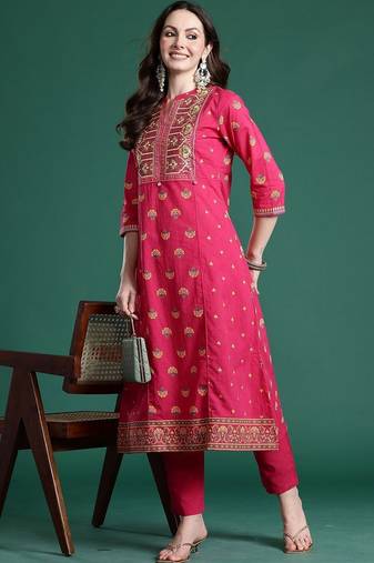 Women Ethnic Motifs Embroidered Regular Thread Work  Cotton Kurta with Trousers
