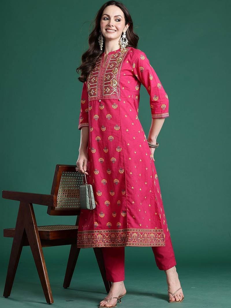 Women Ethnic Motifs Embroidered Regular Thread Work Pure Cotton Kurta with Trousers