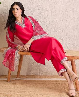 Women Ethnic Motifs Regular Thread Work Kurta with Trousers & With Dupatta 1