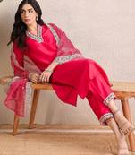 Women Ethnic Motifs Regular Thread Work Kurta with Trousers & With Dupatta