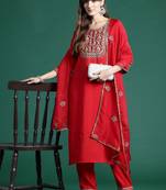 Women Ethnic Motifs Embroidered Regular Liva Kurta with Trousers & With Dupatta