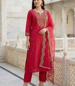 Women Ethnic Motifs Embroidered Regular Liva Kurta with Trousers & With Dupatta