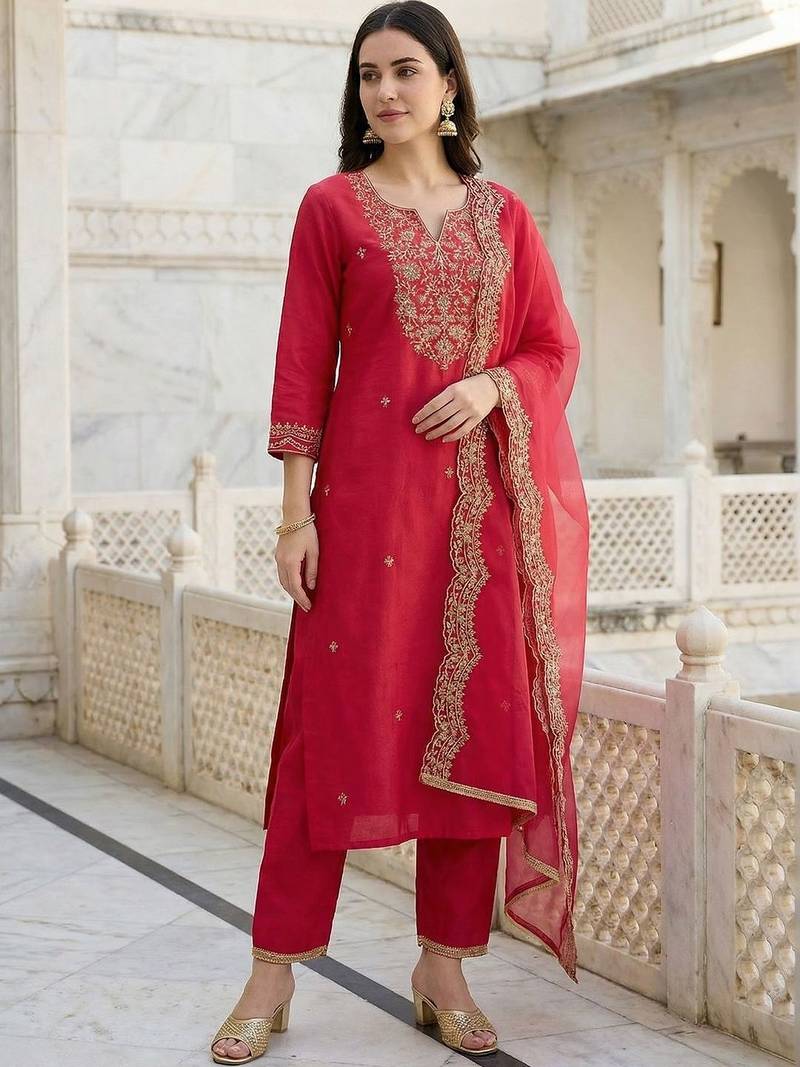 Women Ethnic Motifs Embroidered Regular Liva Kurta with Trousers & With Dupatta