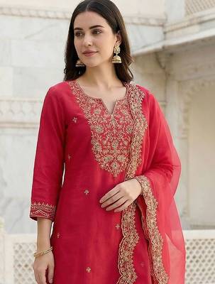 Women Ethnic Motifs Embroidered Regular Liva Kurta with Trousers & With Dupatta 2