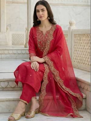 Women Ethnic Motifs Embroidered Regular Liva Kurta with Trousers & With Dupatta 5