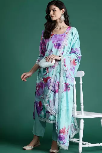 Women Floral Printed Regular Kurta with Trousers & With Dupatta