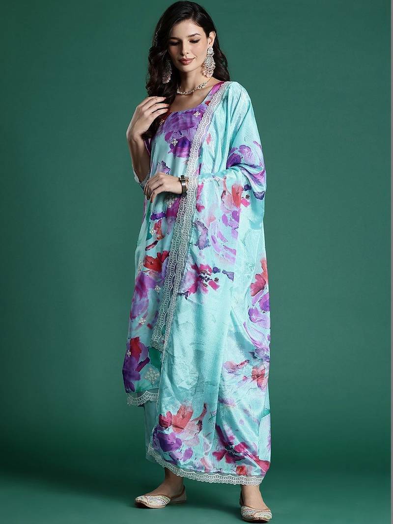 Women Floral Printed Regular Kurta with Trousers & With Dupatta