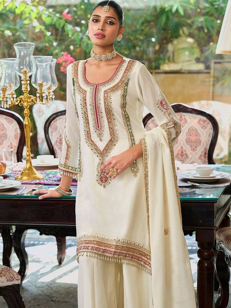 Women Ethnic Motifs Embroidered Regular Mirror Work Kurta with Palazzos & With Dupatta