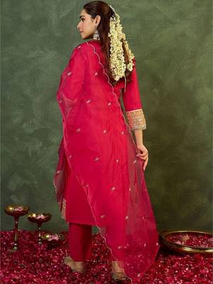 Women Ethnic Motifs Embroidered Regular Kurta with Trousers & With Dupatta 4