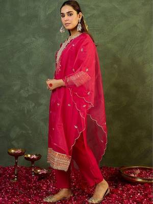 Women Ethnic Motifs Embroidered Regular Kurta with Trousers & With Dupatta 5