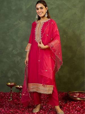 Women Ethnic Motifs Embroidered Regular Kurta with Trousers & With Dupatta 6