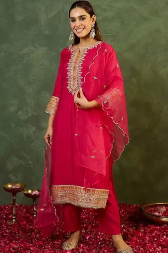 Women Ethnic Motifs Embroidered Regular Kurta with Trousers & With Dupatta