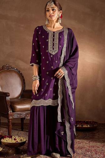 Women Ethnic Motifs Embroidered Regular Kurta with Sharara & With Dupatta