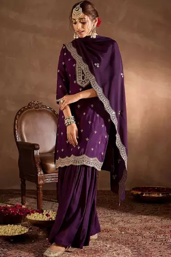 Women Ethnic Motifs Embroidered Regular Kurta with Sharara & With Dupatta