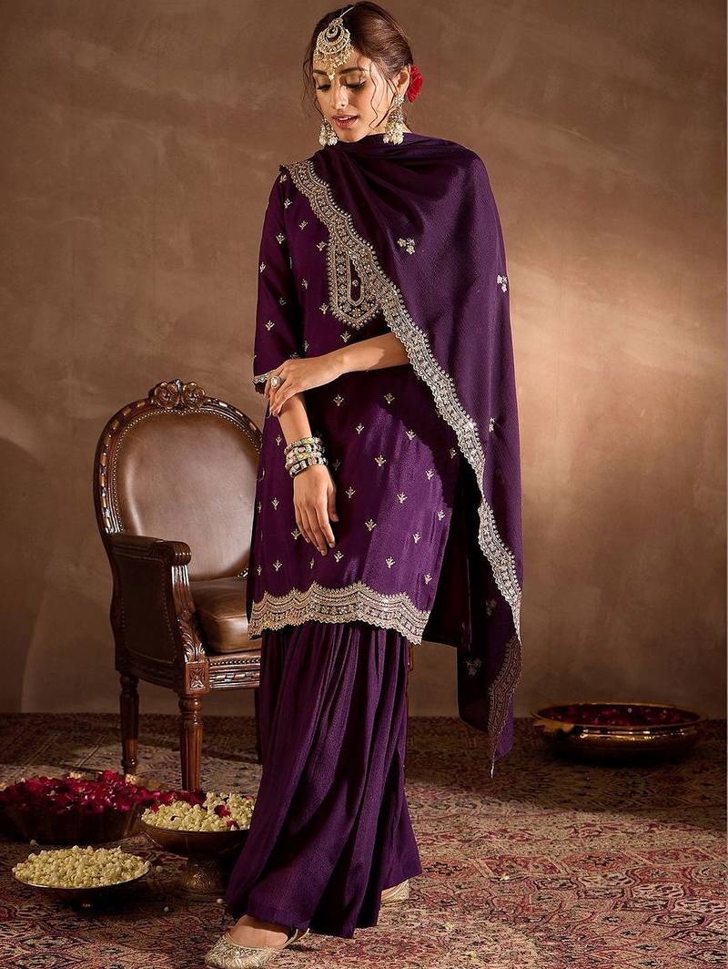 Women Ethnic Motifs Embroidered Regular Kurta with Sharara & With Dupatta
