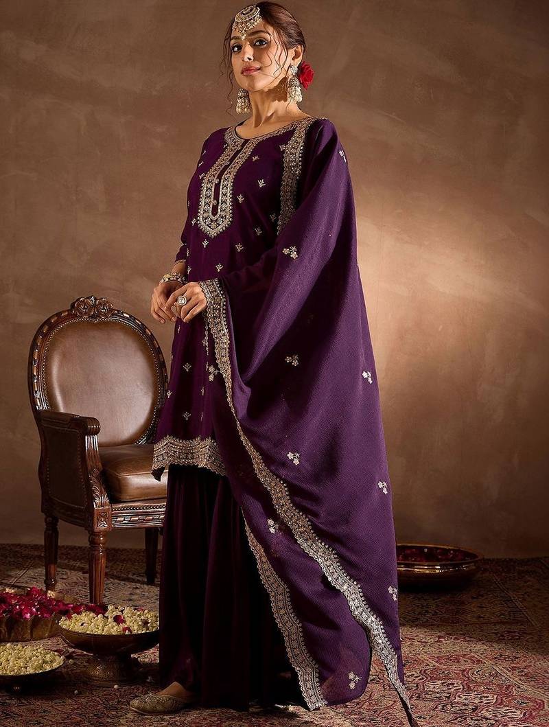 Women Ethnic Motifs Embroidered Regular Kurta with Sharara & With Dupatta