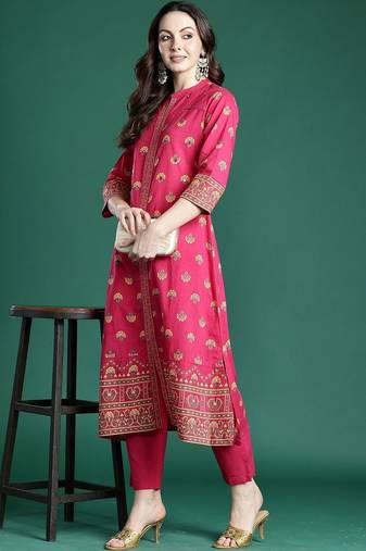 Women Ethnic Motifs Printed Regular Mirror Work Pure Cotton Kurta with Trousers