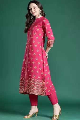 Women Ethnic Motifs Printed Regular Mirror Work Pure Cotton Kurta with Trousers