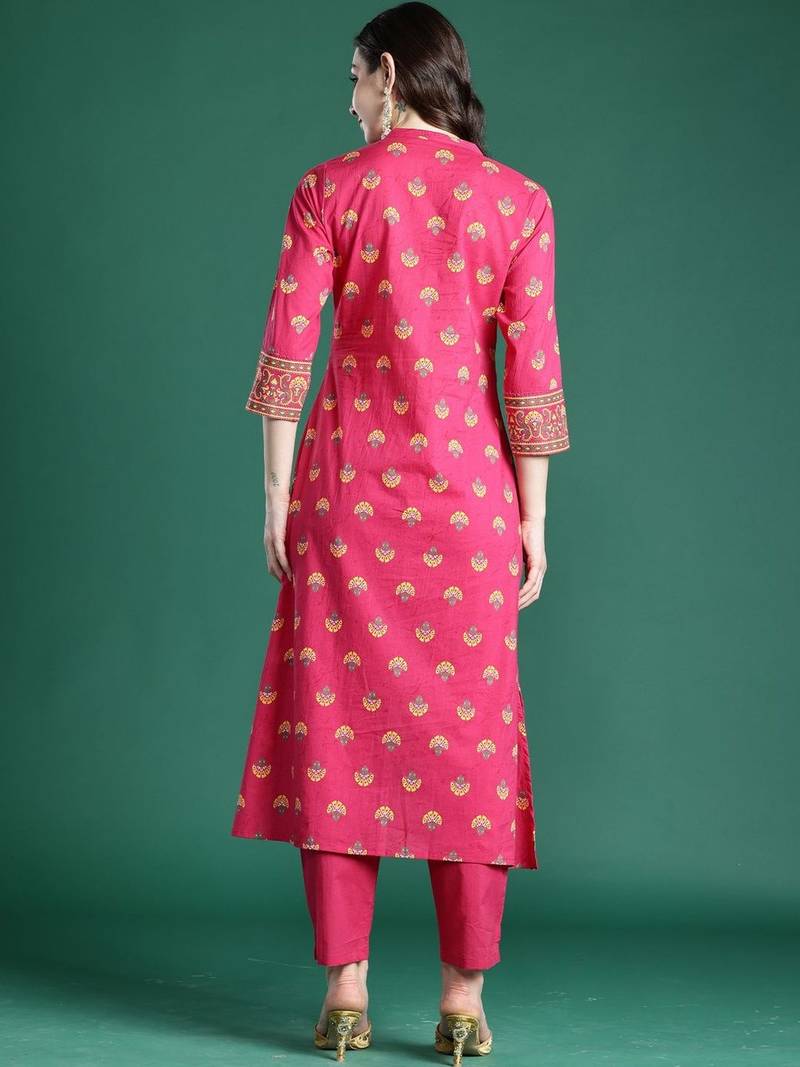 Women Ethnic Motifs Printed Regular Mirror Work Pure Cotton Kurta with Trousers