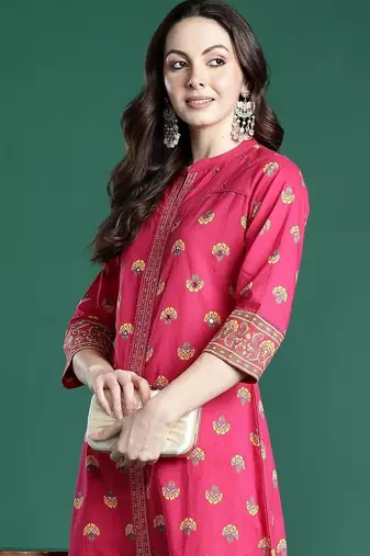 Women Ethnic Motifs Printed Regular Mirror Work Pure Cotton Kurta with Trousers