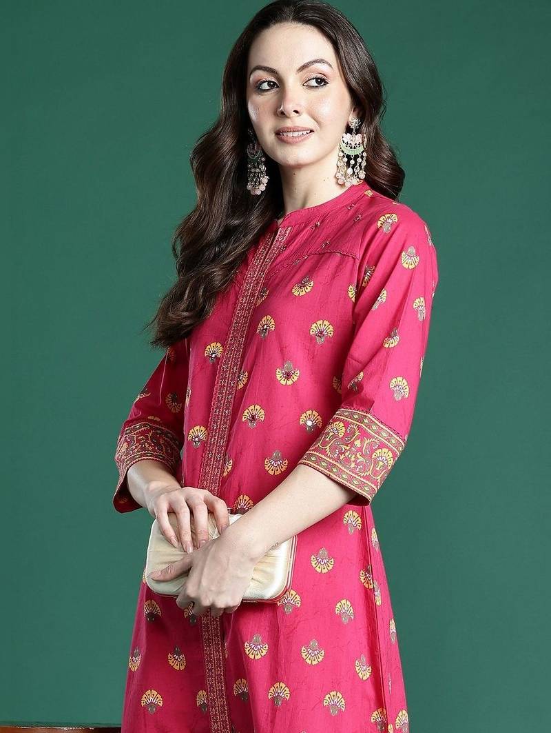 Women Ethnic Motifs Printed Regular Mirror Work Pure Cotton Kurta with Trousers