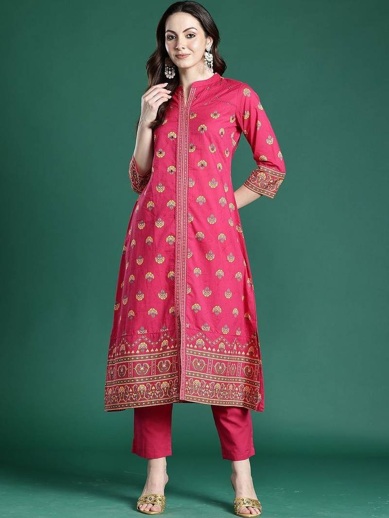 Women Ethnic Motifs Printed Regular Mirror Work Pure Cotton Kurta with Trousers