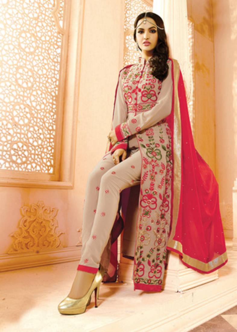 Beige Georgette embroidered unstitched salwar with dupatta