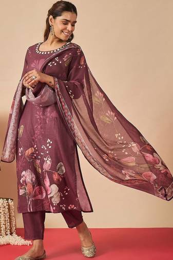Women Floral Printed Regular Thread Work Linen Kurta with Trousers & With Dupatta