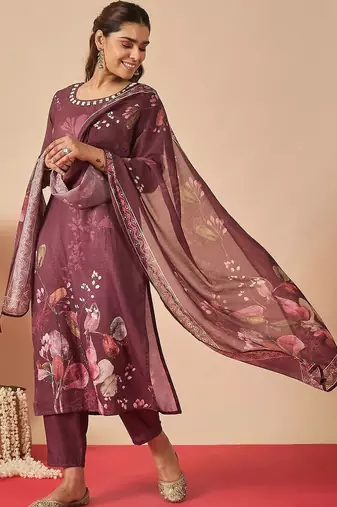 Women Floral Printed Regular Thread Work Linen Kurta with Trousers & With Dupatta