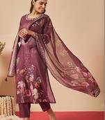 Women Floral Printed Regular Thread Work Linen Kurta with Trousers & With Dupatta