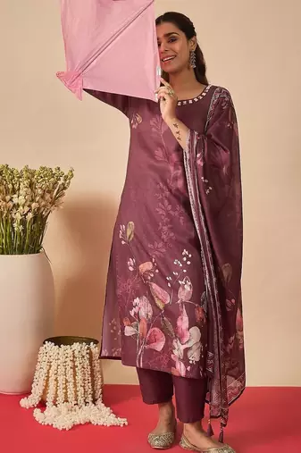 Women Floral Printed Regular Thread Work Linen Kurta with Trousers & With Dupatta