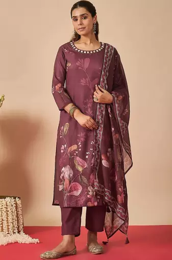 Women Floral Printed Regular Thread Work Linen Kurta with Trousers & With Dupatta