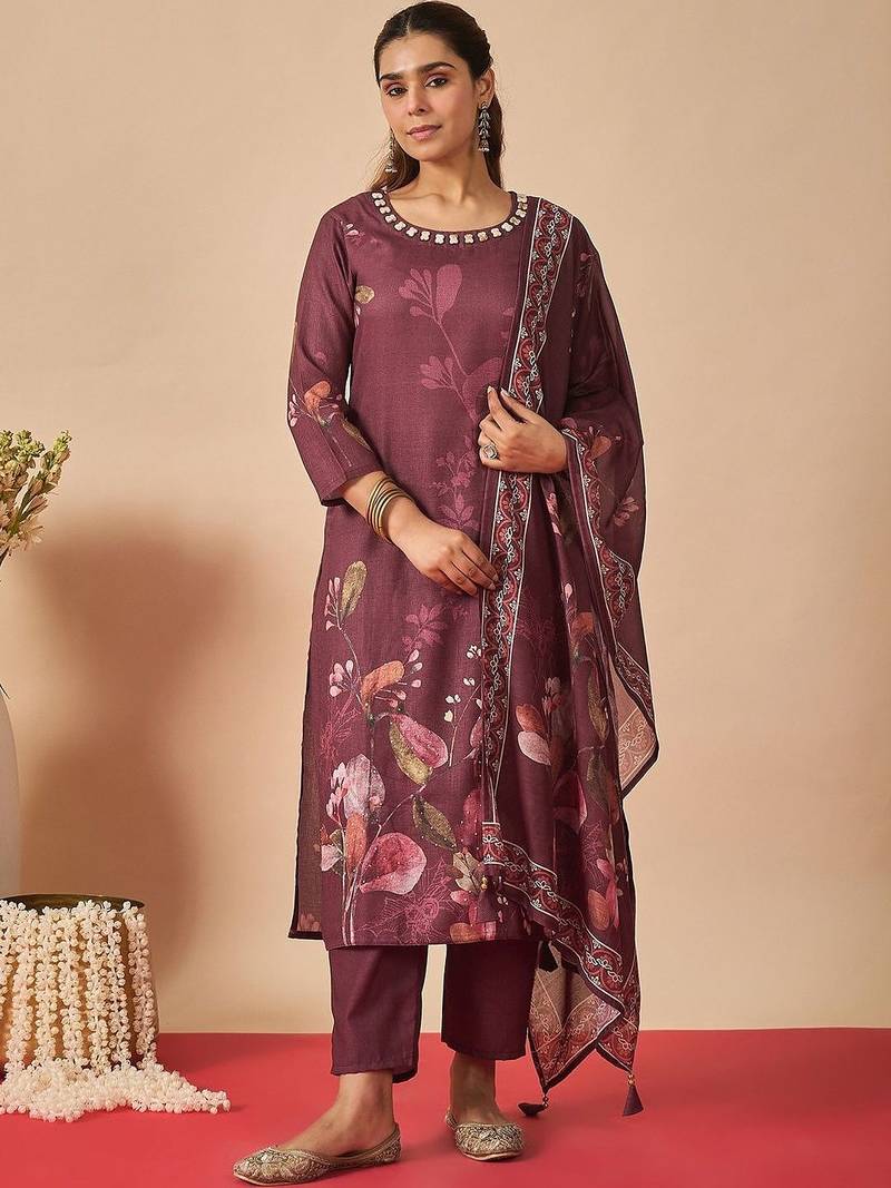 Women Floral Printed Regular Thread Work Linen Kurta with Trousers & With Dupatta
