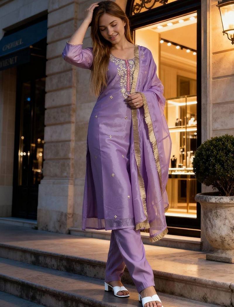 Women Ethnic Motifs Embroidered Regular Sequinned Kurta with Trousers & With Dupatta