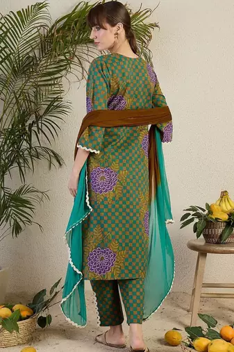 Women Floral Printed Regular Beads and Stones Pure Cotton Kurta with Trousers & With Dupatta